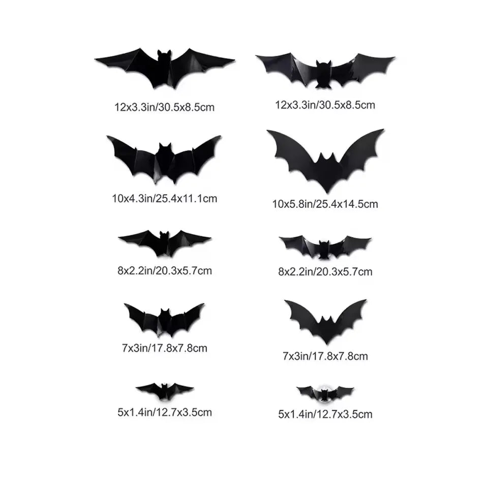 A collection of various sized black bat wall décor cutouts for Halloween parties.