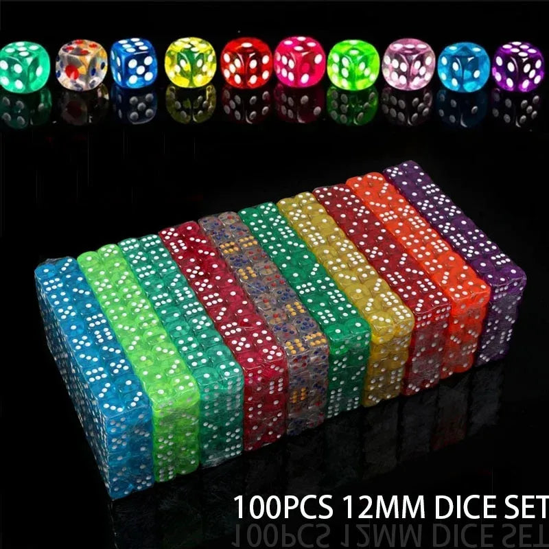 A set of 100 transparent acrylic D6 dice in various colors and patterns arranged in rows.