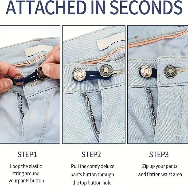Three steps showing how to attach an adjustable metal jeans button extender for waistbands