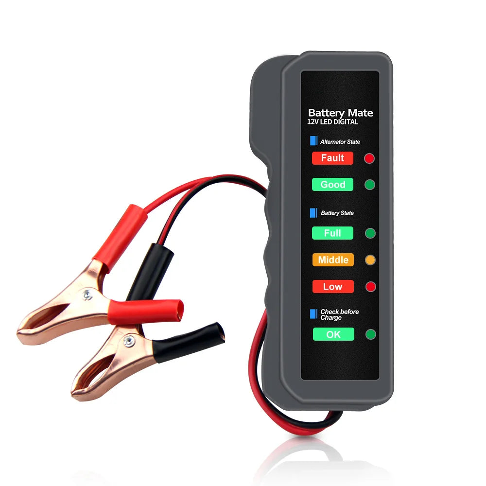 A black battery meter with an LED display showing Battery Mate status, used for checking car batteries.
