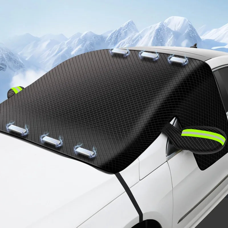 Black magnetic windshield cover with clear protective shields for winter snow and ice protection