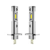 A pair of silver LED headlight bulbs with integrated connectors and housing.