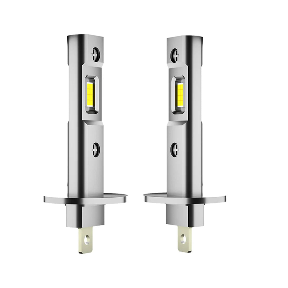 A pair of silver LED headlight bulbs with integrated connectors and housing.