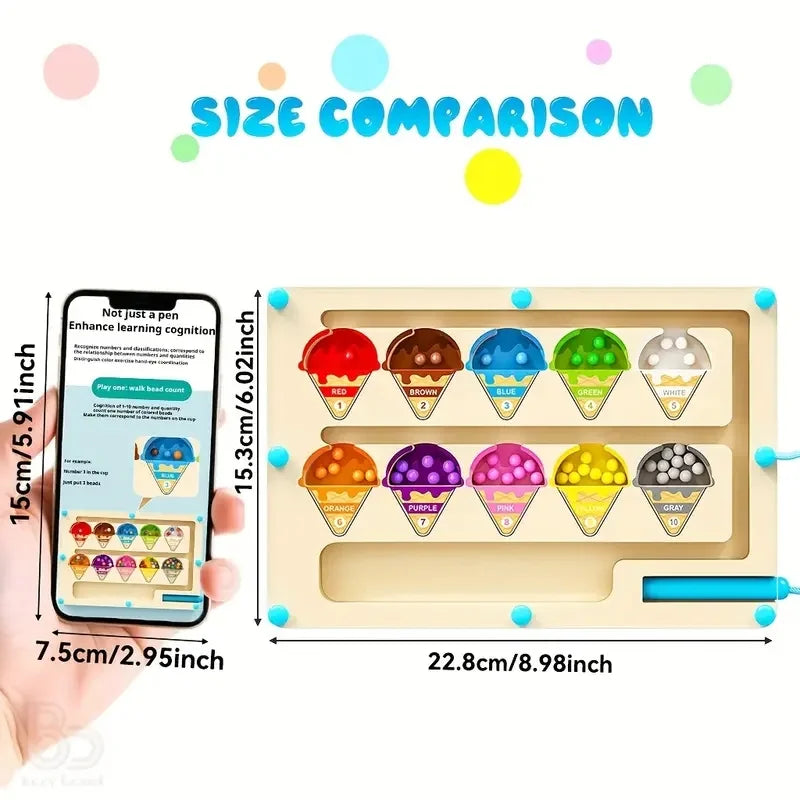 A wooden magnetic color sorting maze board with various colored plastic cups for toddlers