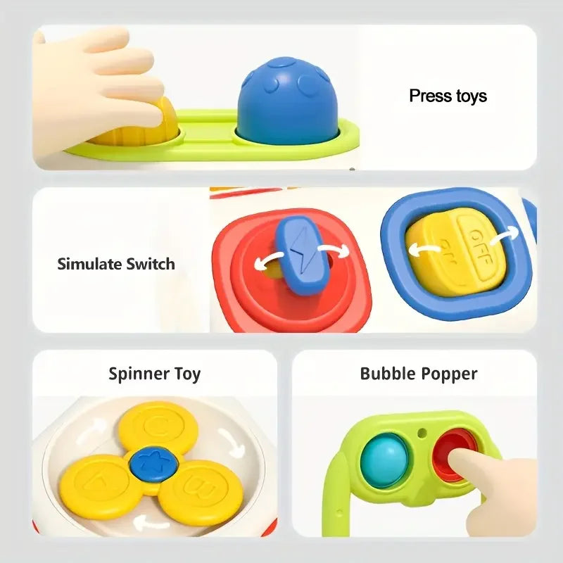 A set of sensory toys including press toys, a simulate switch, a spinner toy, and a bubble popper for toddlers.