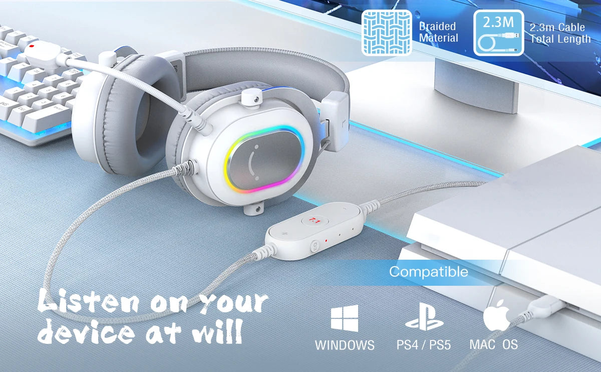 RGB Gaming Headset with 7.1 Surround Sound and Detachable Microphone