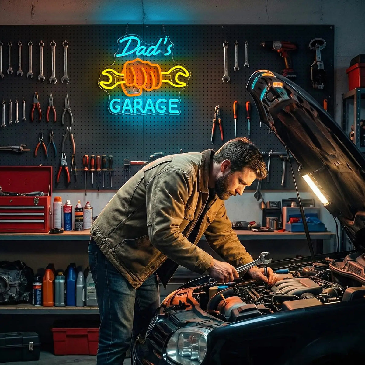 A man working on a car engine in a dimly lit garage with neon signs for 'Dad's Garage' visible in the background.