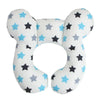 A white baby car seat head and neck support pillow with blue stars and black stars.