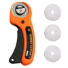 Orange rotary cutter sewing kit with cutting mat, ruler, and spare blades