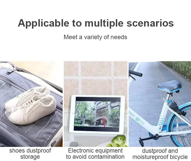 Disposable shower caps with elastic edge shown in various scenarios including shoe storage, electronic equipment protection, 