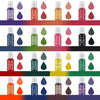 A row of liquid candle dye kits in various vibrant colors arranged by rainbow spectrum.