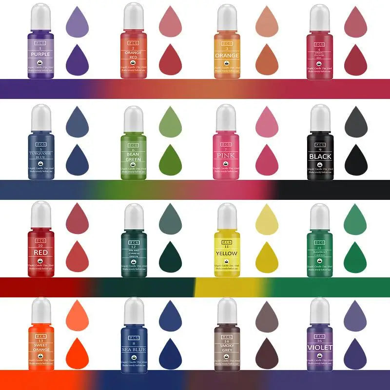 A row of liquid candle dye kits in various vibrant colors arranged by rainbow spectrum.