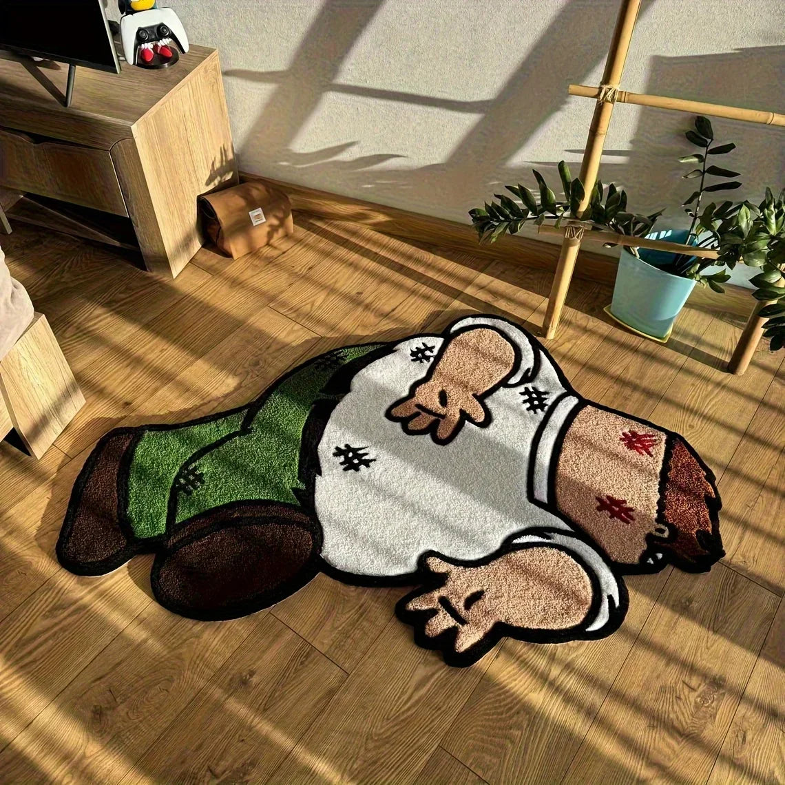 A playful cartoon carpet featuring a stylized figure lying down on a wooden floor.