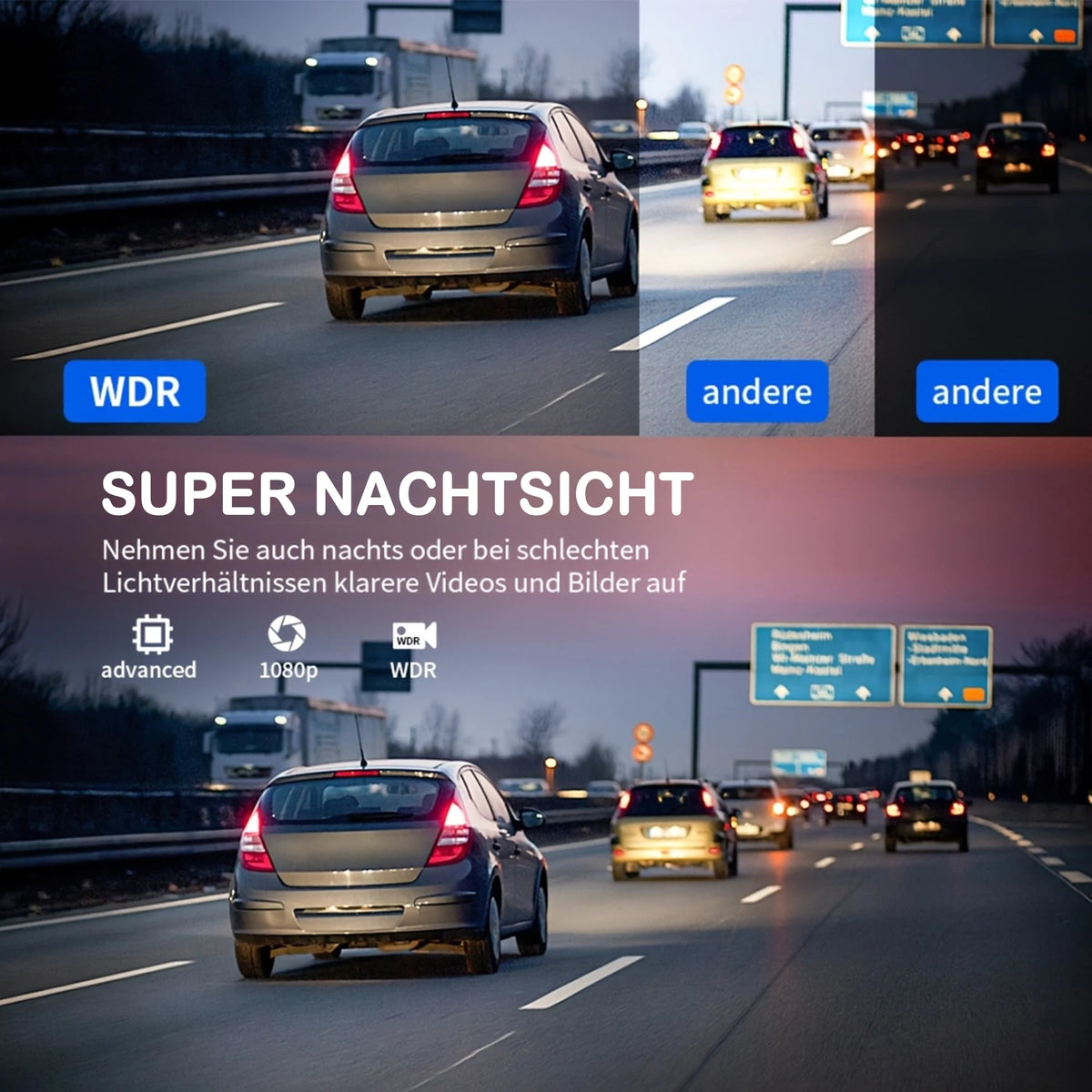 A car driving on a road with a dash cam recording in the foreground, showing night vision capabilities.