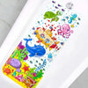A colorful cartoon bathtub mat featuring sea creatures like a turtle, octopus, and whale.