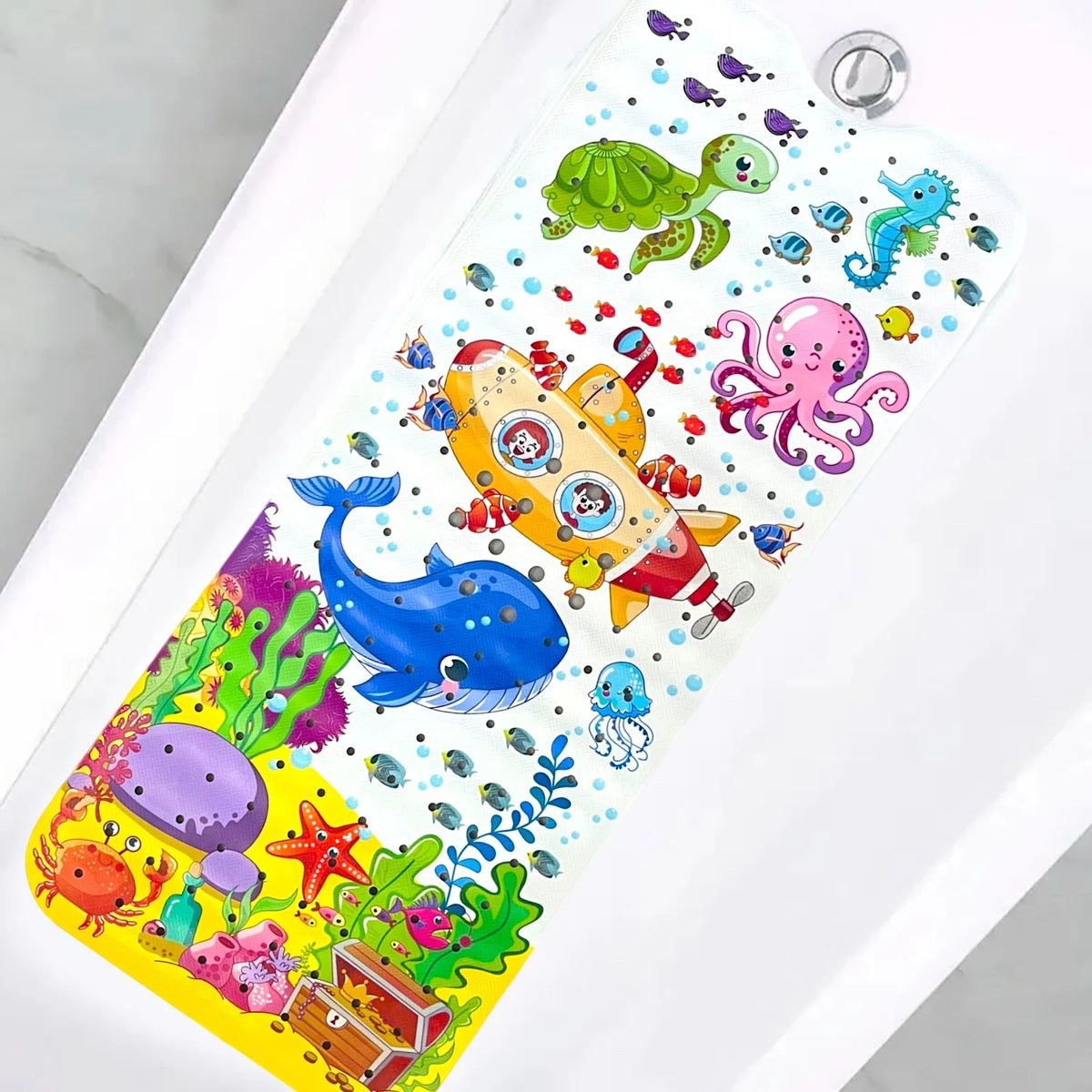 Extra long non-slip cartoon bathtub mat featuring colorful sea creatures and animals