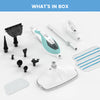 A collection of 10 cleaning tools including a steam mop, handheld cleaner, and various attachments shown on a white backgroun