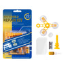 A package of a windshield repair kit containing resin, tools, and filler for repairing cracks and scratches.