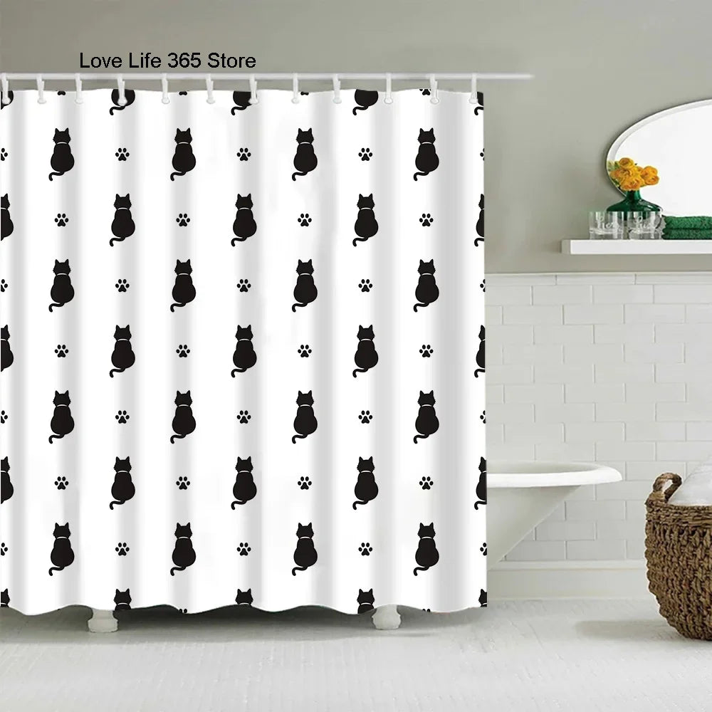 A white shower curtain featuring a repeating pattern of black cat silhouettes and paw prints.