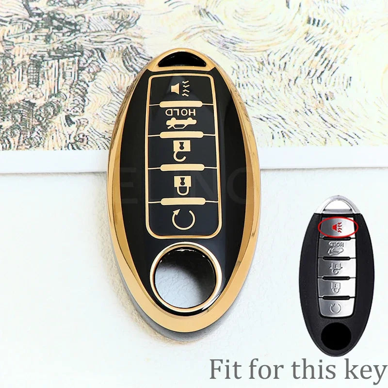 A close-up view of a gold-colored soft TPU car key fob cover with five buttons, shown next to the original key.
