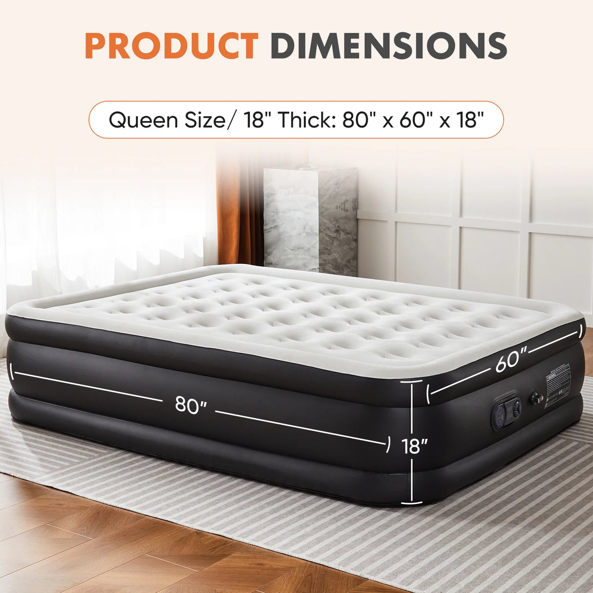 A black air mattress is shown on a floor, with dimensions 80 x 60 x 18 inches.