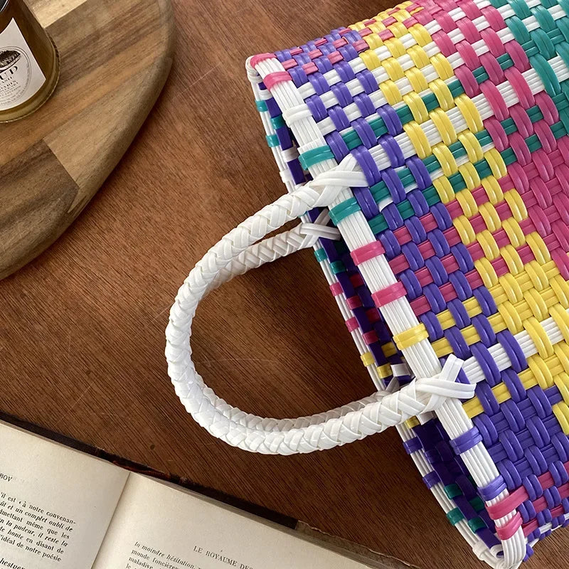 Hand-Woven PVC Tote Bag with Striped Patchwork Design