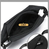 Black minimalist waterproof running waist pack shown with an inset detail of the buckle.