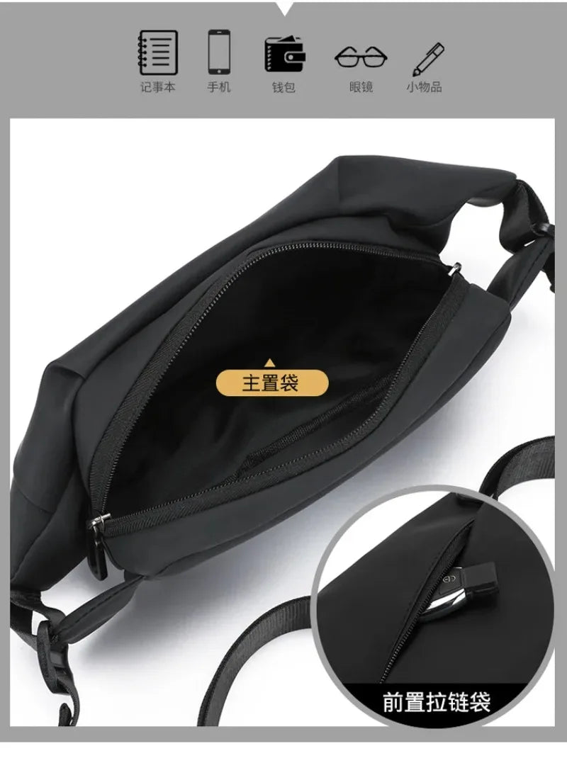 Black minimalist waterproof running waist pack shown with an inset detail of the buckle.
