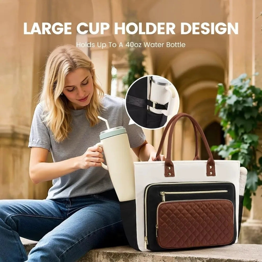 Versatile Water-Resistant Tote Bag with Laptop Sleeve and Cup Holder