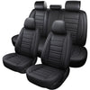 A set of five black waterproof PU leather car seat covers shown in a display arrangement.