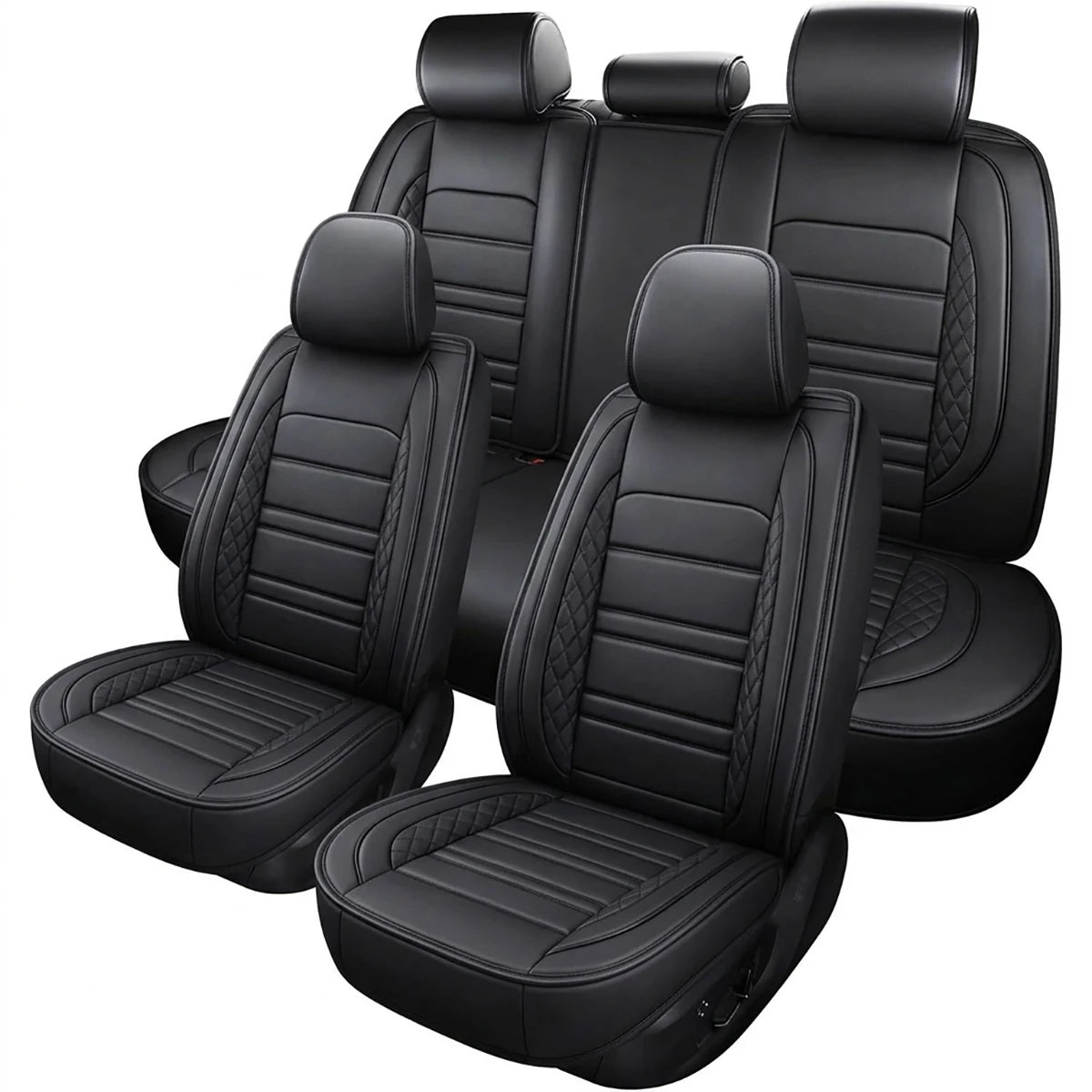 A set of five black waterproof PU leather car seat covers shown in a display arrangement.