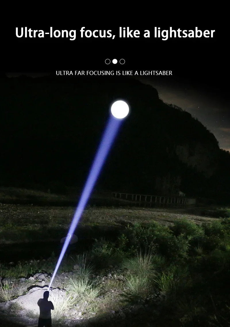 A bright beam of light from a flashlight illuminates the ground, demonstrating ultra-long focus.