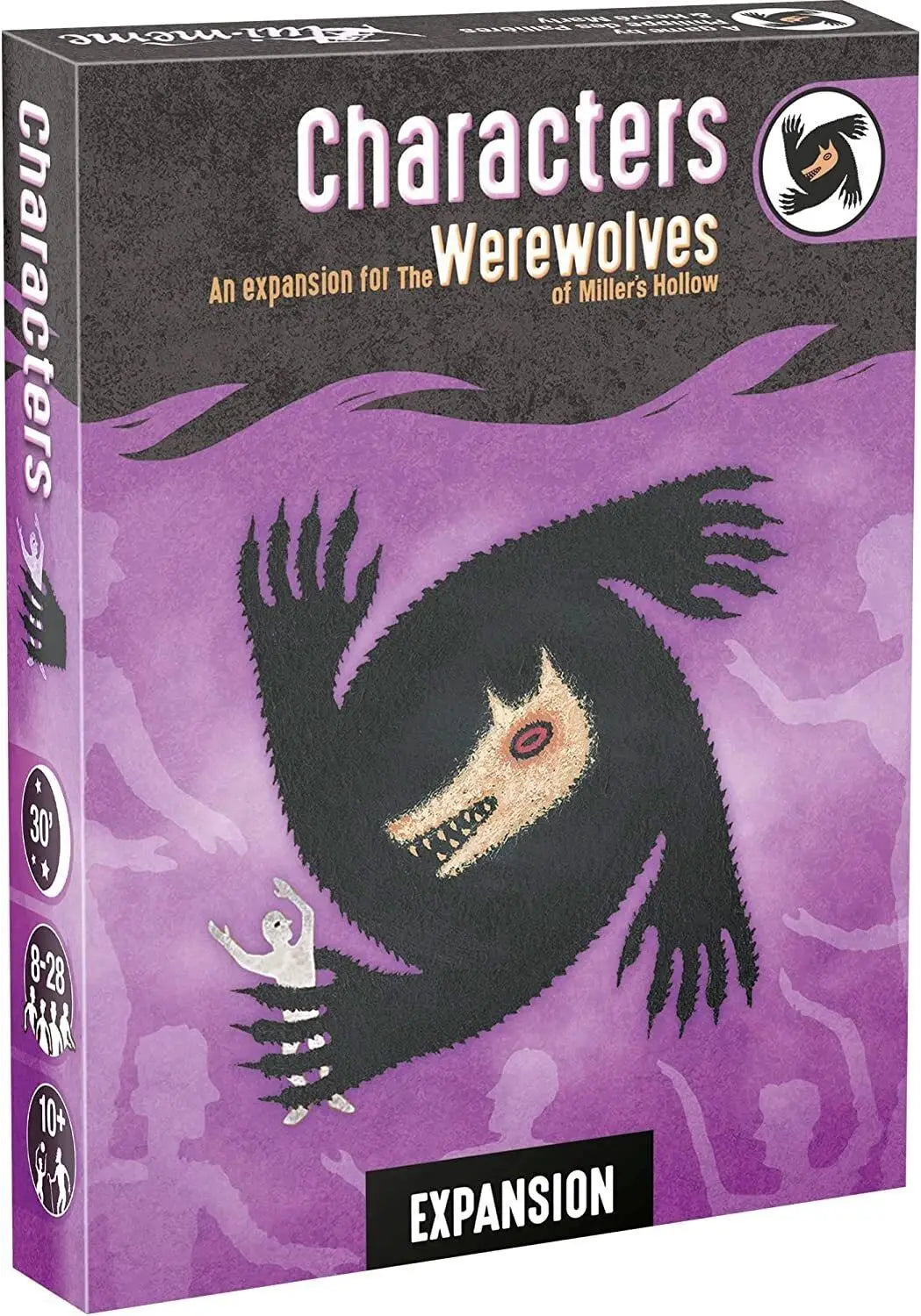 A box for the Characters Werewolves expansion for Miller's Hollow card game featuring a silhouette of a werewolf head.
