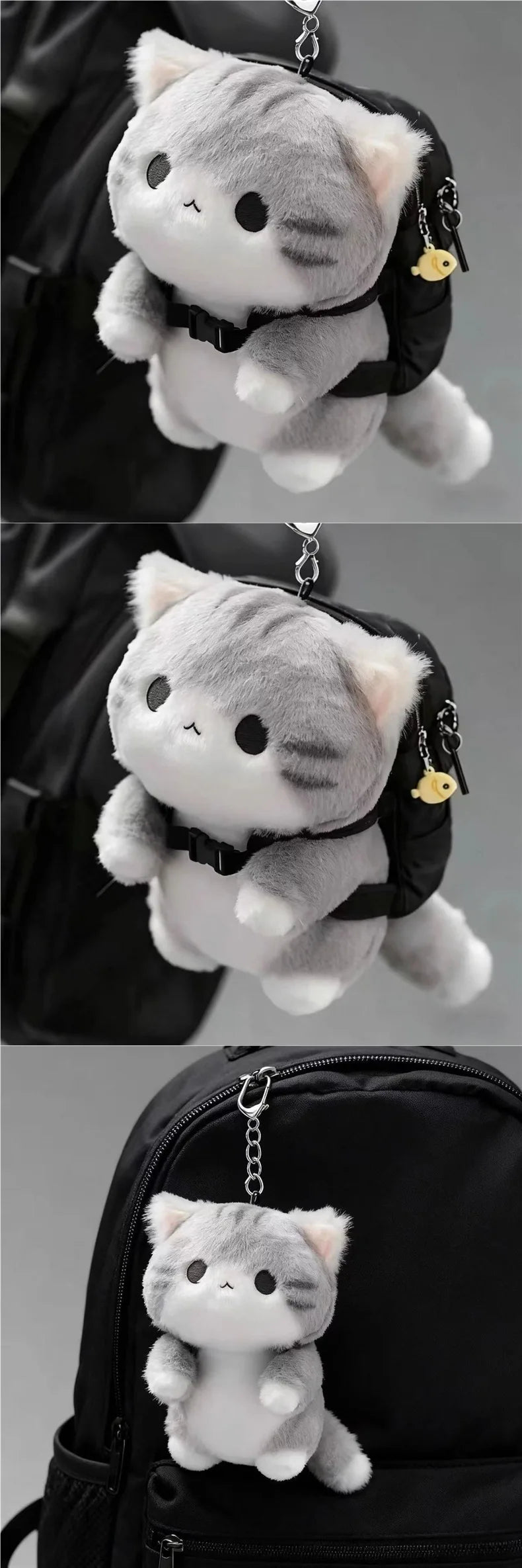 A soft grey cat plush toy is attached as a charm to a black backpack.