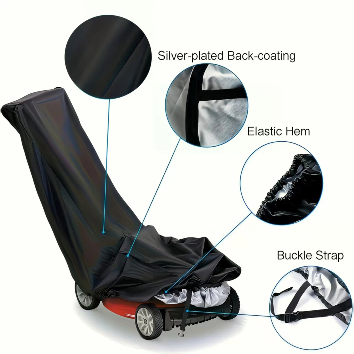 A black heavy-duty outdoor push mower cover showing features like a silver-plated back-coating, elastic hem, and buckle strap
