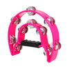 A bright pink double-layer half moon tambourine with hand bells.