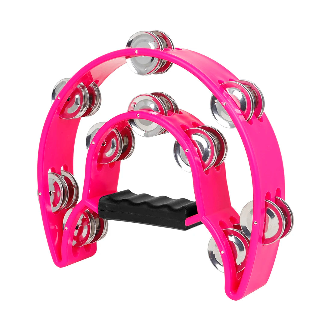 A bright pink double-layer half moon tambourine with hand bells.