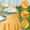 A golden satin round tablecloth set with silverware and glassware, highlighting the smooth material and classic pure color.
