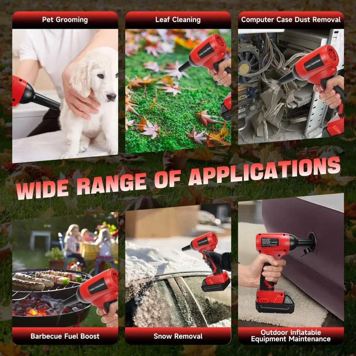 A collection of applications showing a cordless handheld turbo blower used for pet grooming, leaf cleaning, computer case dus