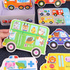 A wooden animal and vehicle puzzle set featuring various vehicles like buses and cars, packaged in a storage box.