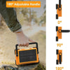 An orange portable solar and USB LED work floodlight with an adjustable handle is shown being held outdoors.