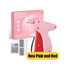 A pink and red tagging gun for clothing with needles and fasteners shown next to a box.