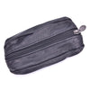 A black leather compact zippered coin purse with a metal key holder attached.