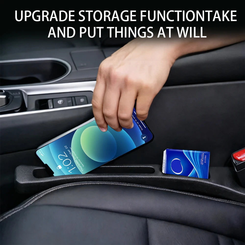 A hand places a smartphone into a car seat gap filler organizer, demonstrating the storage function.