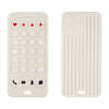 A white silicone baby teether toy shaped like a remote control with various buttons and features.