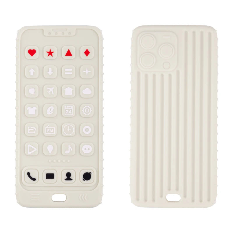 A white silicone baby teether toy shaped like a remote control with various buttons and features.