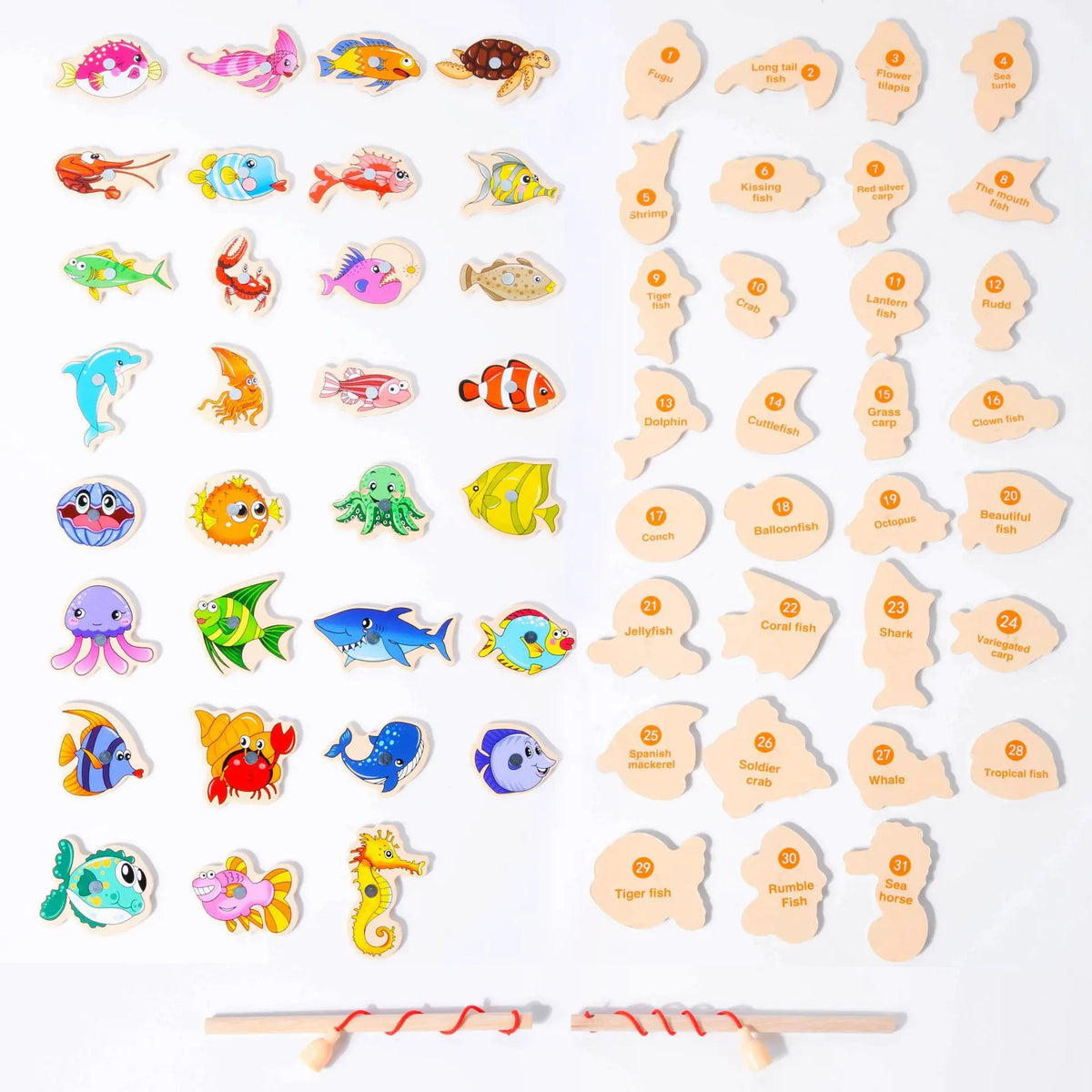 A collection of wooden magnetic fishing toys featuring various marine animals like fish, dolphins, and sea creatures.
