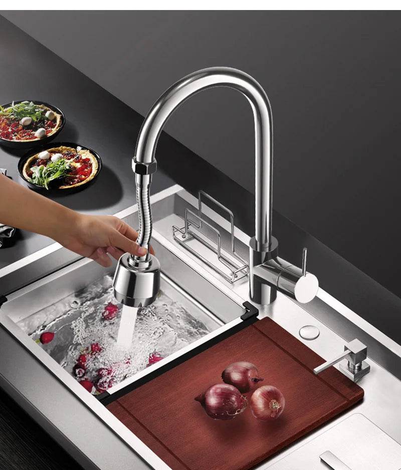 A kitchen faucet is shown with a rotating adapter and multiple flow settings over a sink, next to fresh produce.