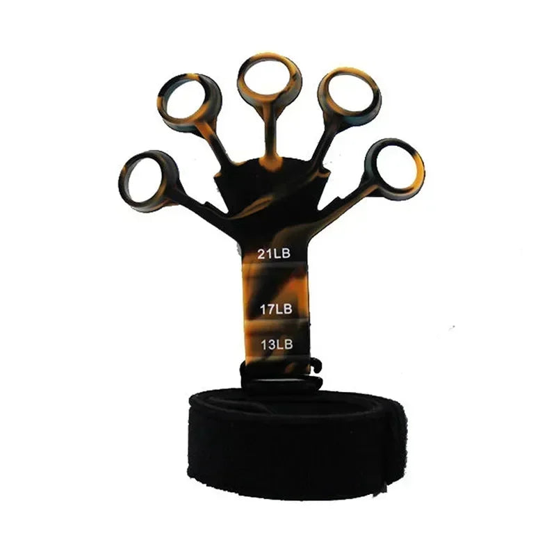 A black adjustable finger strengthener tool with a wrist strap and weight markings.
