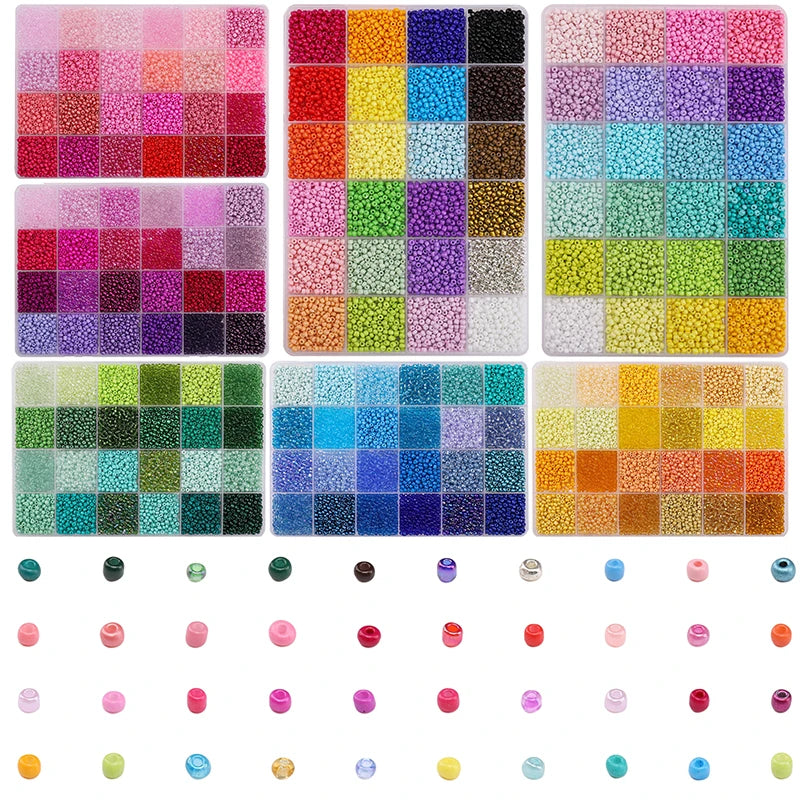 A collection of multicolor acrylic rice beads in various shades and sizes displayed in a grid format.